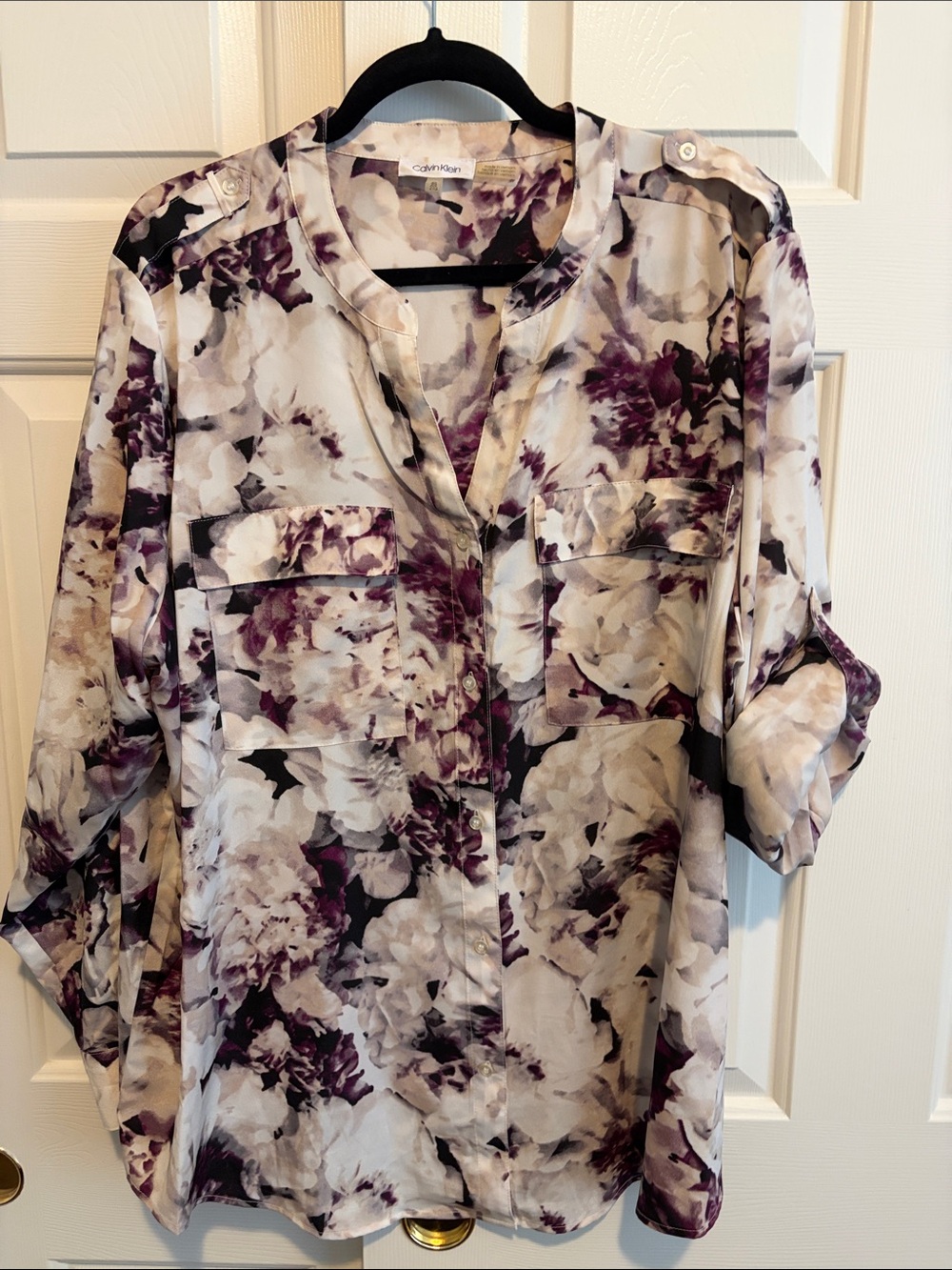 Calvin Klein White and Purple Floral Roll-Tab Sleeve Tunic